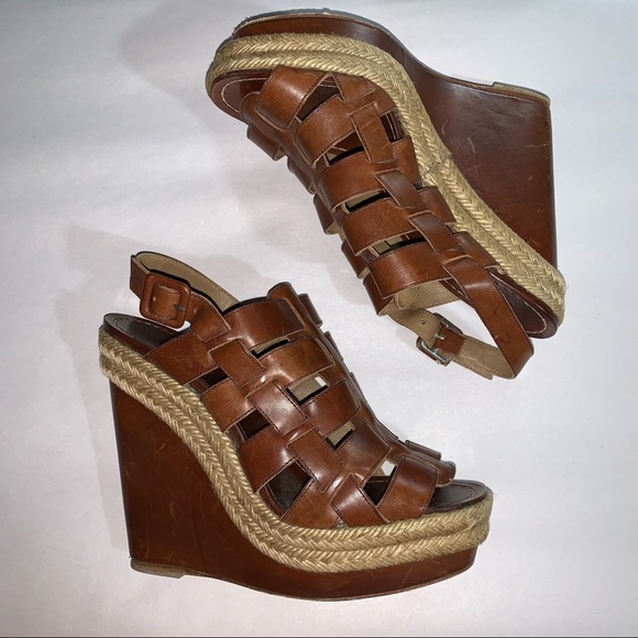 CHRISTIAN LOUBOUTIN size 37 brown calfskin GLADIATOR platform wedge heel SANDALS - Picture 8 of 11